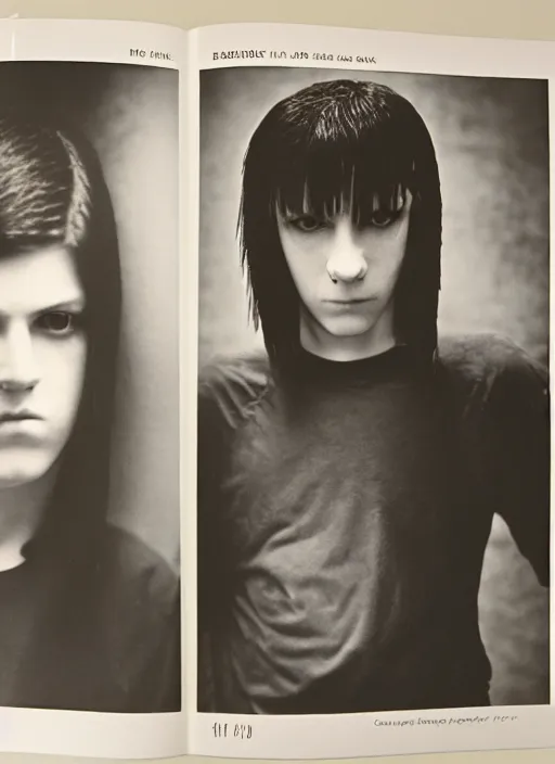 Prompt: high school year book photo of pinhead as an awkward teenager mall goth from the movie hellraiser, film shot, portrait photography, soft lighting, soft focus, ironic, 1 9 8 0's, 2 4 mm iso 8 0 0