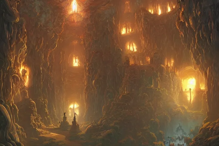 Image similar to point perspective dungeon hallucinogenic flats fantasy dungeon The tree adventurer Ruth and their light gang of orcs are hiding in the tiny air.,by artgerm and Craig Mullins, James Jean, Andrey Ryabovichev, Mark Simonetti and Peter Morbacher 16k