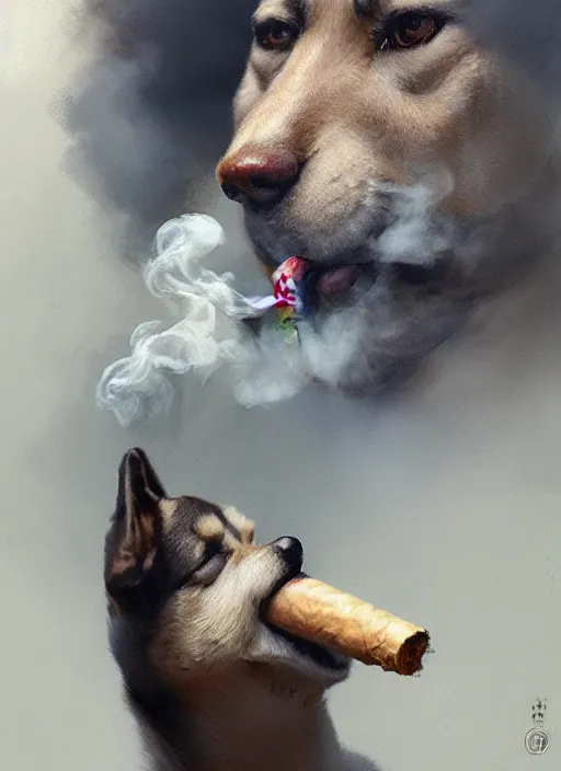 Image similar to Portrait of Shibu Inu smoking a cigar in his mouth blowing smoke, realistic, detailed, 4k by Greg Rutkowski Mark Arian trending on artstation