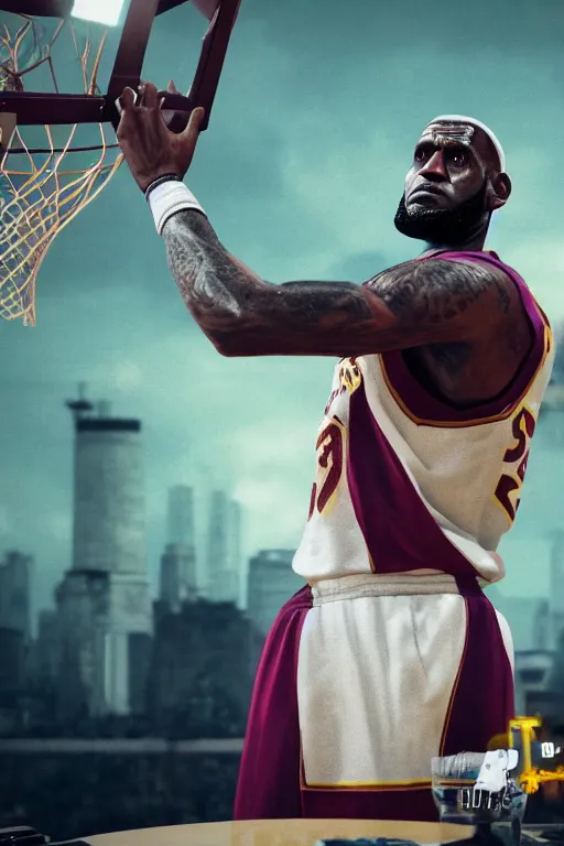 Image similar to lebron james solemn at tea party, melancholy, cybertronian, long shot, cinematography by wes anderson, 4 k octane render, intricate detail, photorealistic, cinematic lighting, artstation