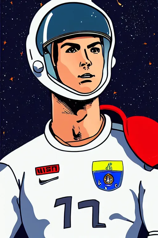 Image similar to portrait of cristiano ronaldo with astronaut armor and helmet, majestic, solemn, by ghibli style