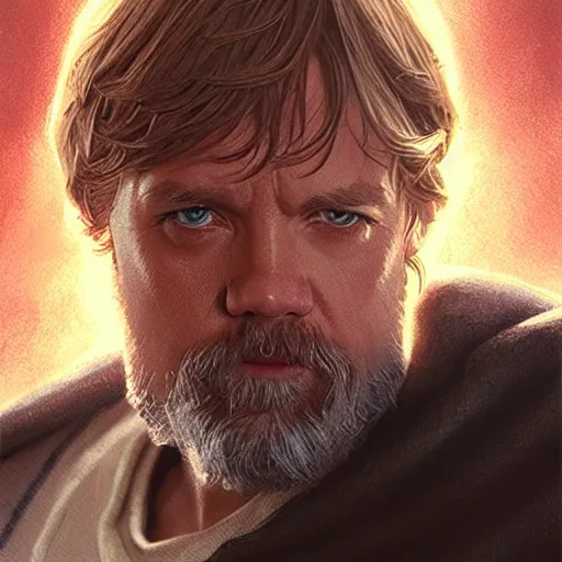 Image similar to luke skywalker grand master jedi from legends books, jedi from star wars, intricate detailed face, artgerm, greg rutkowski, alphonse mucha