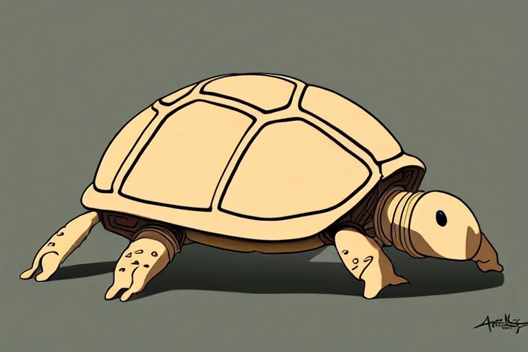 Image similar to a study of a cell shaded cartoon of a beige mechanical tortoise from howl's moving castle ( 2 0 0 4 ), at a gas station, full body, wide shot, very muted colors, post grunge, studio ghibli, laurie greasley, highly detailed, deviantart, art by artgem
