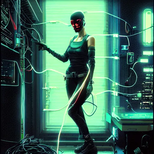 Image similar to shannyn sossamon as a cyberpunk cyber hacker, cybernetic implants, wires, cables, grunge grime, realistic shaded, fine details, realistic shaded lighting by occlusion shadow, intricate, bokeh, masterpiece, by ilya kuvshinov and jeremy lipking and quentin mabille