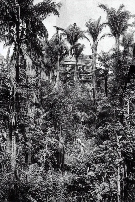 Image similar to alien buildings inside a jungle, black and white photography, year 1 9 0 0