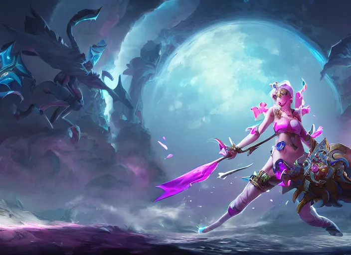 Prompt: moon princess in battle concept art, digital illustration, trending on artstation, epic composition, scenic background, 8 k uhd, masterpiece, league of legends splash art, highly detailed, perfect lineart