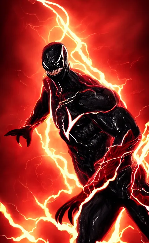 Image similar to full body portrait of venom as the flash, black and red, dynamic lighting, cinematic, ultra detailed, trending on art station, stunning visuals, creative, fantasy concept art