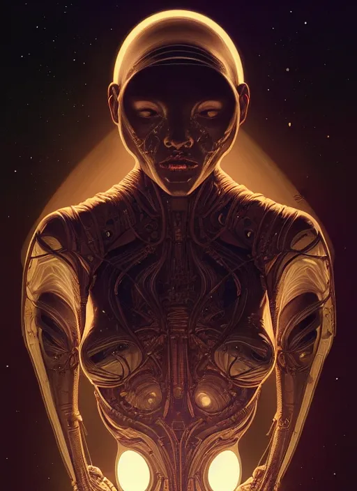 Image similar to symmetry!! portrait of astronaut, sci - fi horror, glowing lights!!, elegant, intricate, body horror, dark design, highly detailed, dark lighting, digital art, digital painting, artstation, smooth, sharp focus, illustration, art by artgerm and h r giger and greg rutkowski and alphonse mucha, 8 k