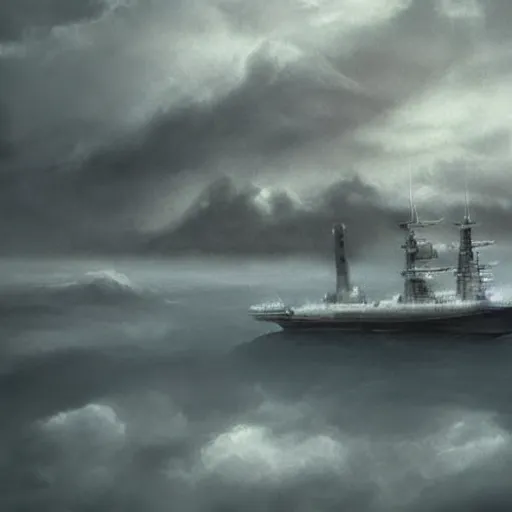 Prompt: large lonely ship drifting amongst the clouds and fog with heavy dark storm beautiful Concept art