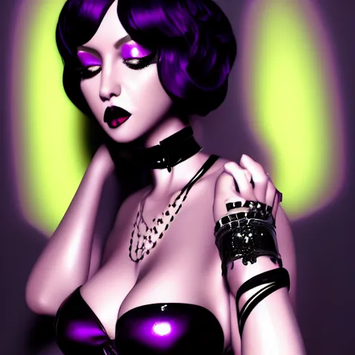 Image similar to curvy feminine hot goth woman with dignified elaborate tight purple-black-silver nylon and latex ballroom gown, black choker necklace, amorous posture, shiny lipstick, photorealistic, cgsociety, sublime, 16k, smooth, sharp focus, ArtStation, hyperdetailed, volumetric lighting