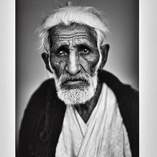 Image similar to black and white photo, portrait of 80 year old afghan man by richard avedon, realistic, Leica, medium format, cinematic lighting, wet plate photography, parallax, high resolution,