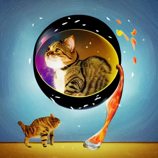 Prompt: A cat spilling a fish bowl that contains the universe.