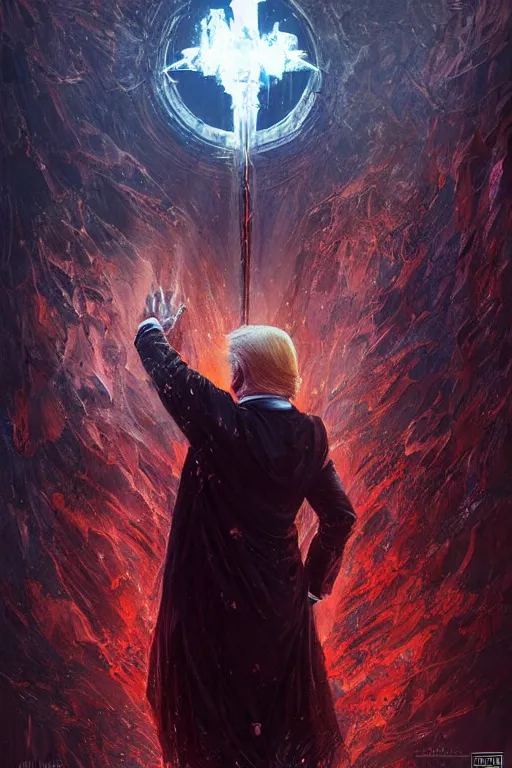 Prompt: Donald Trump praying to the Dark Gods at the unholy temple of DarkMAGA, highly detailed, digital art by Ross Tran and Greg Rutkowski