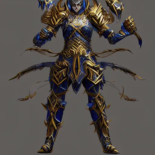 Prompt: ancient hybrid majestic elf warrior dark blue and gold heavy armor concept art, intricate artwork masterpiece, very coherent artwork, cinematic, very coherent artwork, trending on cg society, ultra high quality model, production quality cinema model, high detail , octane render, hyper realism, high detail, octane render, High contrast, highly detailed