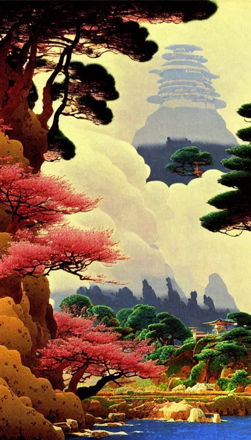 Prompt: ghibli illustrated background of a thunder and lighting storm, a strikingly beautiful landform with strange rock formations acastle is seen in the distance, and red water and cherry blossoms by vasily polenov, eugene von guerard, ivan shishkin, albert edelfelt, john singer sargent, albert bierstadt 4 k