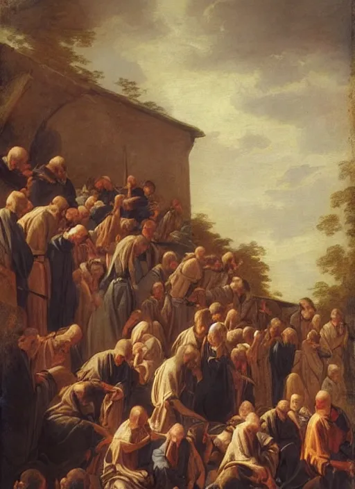 Prompt: elisabeth louise vigee - le brun painting of crowd of medieval monks raising new magical glowing spirit, old master painting with stunning lighting and details photoreal dusk sun lit light,