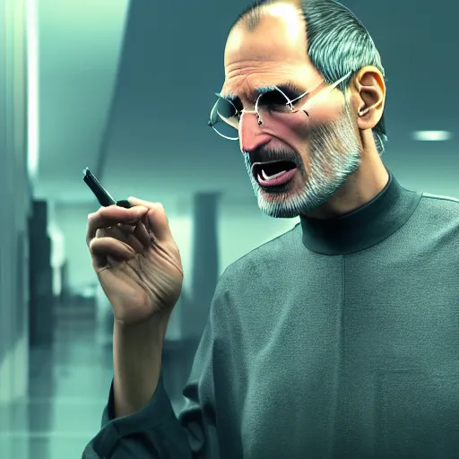 Image similar to steve jobs yelling at an employee, 30mm photography, gta artstyle, wide shot, dramatic lighting, octane render, hyperrealistic, high quality, highly detailed, artstation, HD, beautiful, cinematic, 8k, unreal engine, facial accuracy, symmetrical
