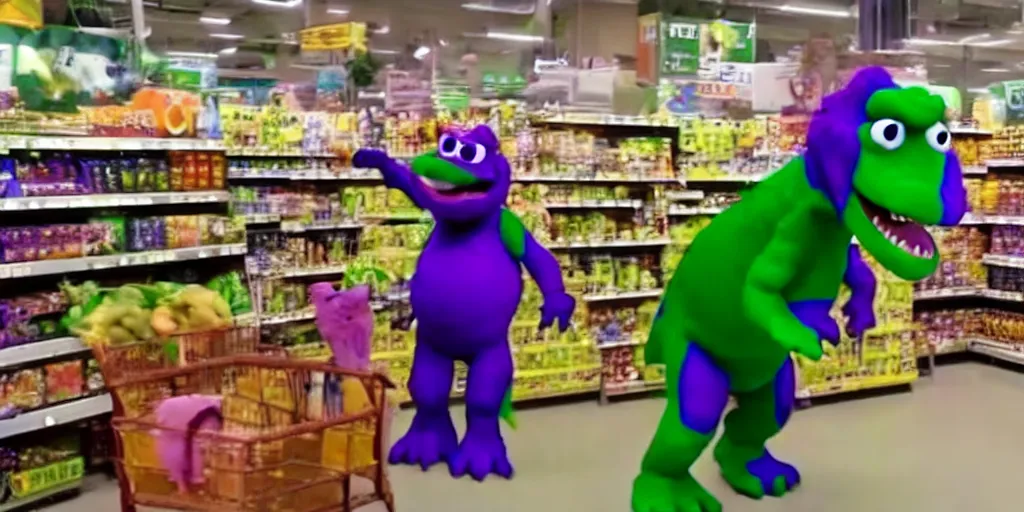 Image similar to cc - tv video of barney the dinosaur getting groceries