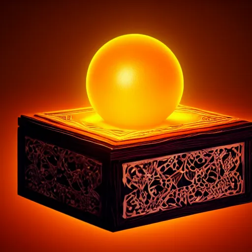 Image similar to a small arabesque carved wooden box with the lid open displaying a magic orange glowing orb inside. the box is sitting on a wooden tabel top with paper and magazines surrounding the box, hyper detail, dramatic lighting, octane render, unreal engine