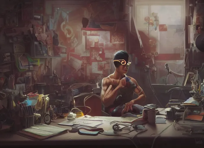 Prompt: an insanely detailed painting of an asian man wearing a homemade superhero costume, sitting at a desk, staring seriously at the computer and typing, in the style of peter mohrbacher, james jean, artgerm, dramatic lighting and composition, surreal background, octane render, pixar, trending on artstation, concept art, comic book, view from behind, 8 k