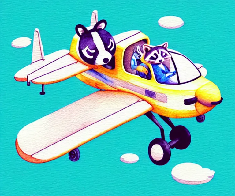 Image similar to cute and funny, racoon riding in a tiny airplane with oversized engines, centered award winning watercolor pen illustration, isometric illustration by chihiro iwasaki, edited by range murata, tiny details by artgerm and watercolor girl, symmetrically isometrically centered