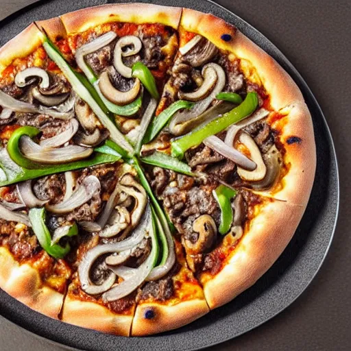 Image similar to a pizza topped with liver, onions, green peppers, anchovies, mushrooms