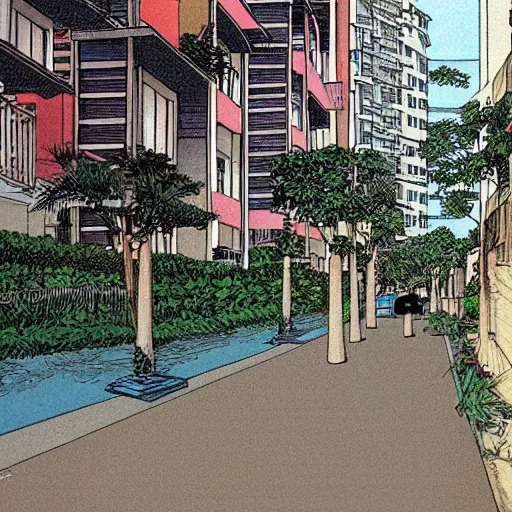Prompt: a street in a singaporean housing estate, by moebius