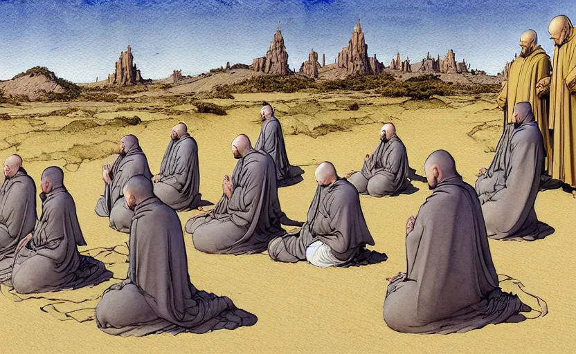 Prompt: a hyperrealist watercolour concept art of a group of medieval monks in grey robes kneeling in prayer. a large primitive ufo is in the sky. on a desert road. by rebecca guay, michael kaluta, charles vess and jean moebius giraud. high detail, hq, wide shot