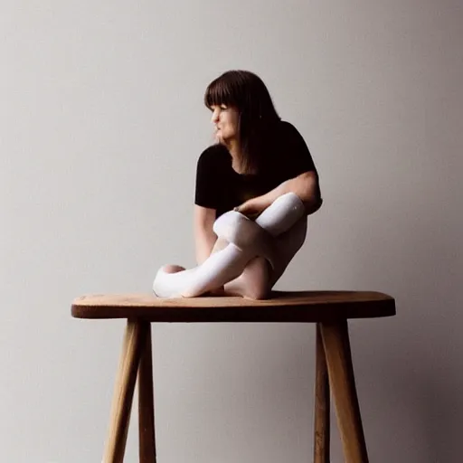 Image similar to a woman sitting on top of a wooden stool, a polaroid photo by louisa puller, trending on pinterest, minimalism, white background, studio portrait, minimalist