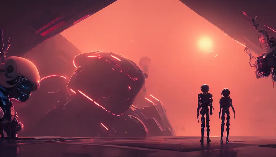 Image similar to concept art of love death + robots, artificial intelligence, jama jurabaev, greig fraser, roger deakins, cinematic shot, trending on artstation, high quality, brush stroke