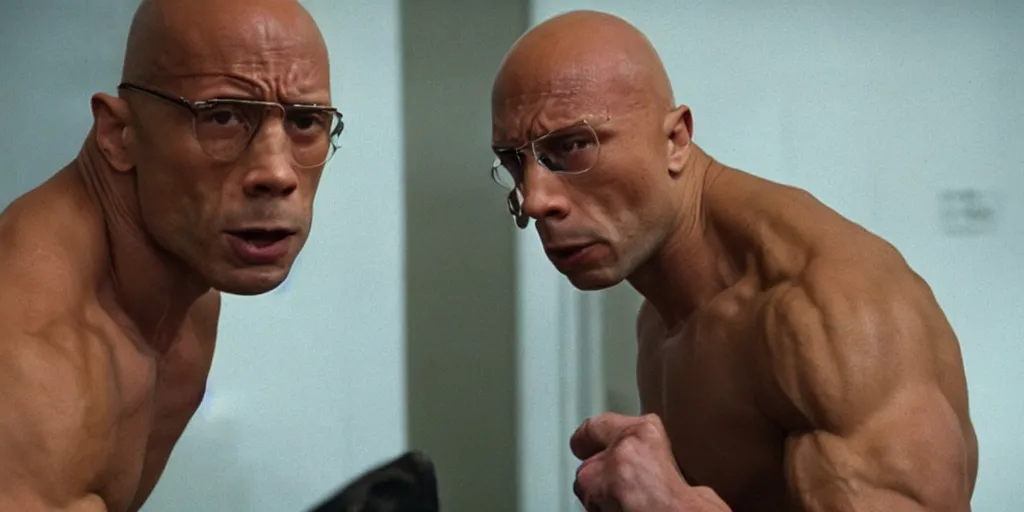 Prompt: Very intense fight sequence with Michel Foucault played by Dwayne Johnson in Foucault the biopic