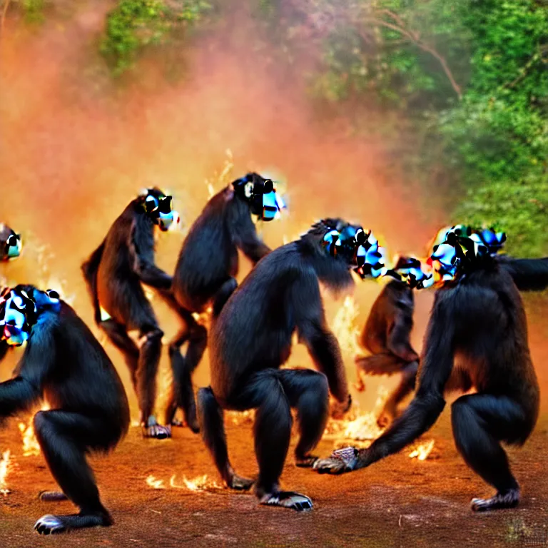 Image similar to real life 1 2 chimpanzees dancing in circle, bonfire in center, a jungle, cinematic, volumetric lighting, vivid colours, long evil shadows, f 8 aperture, cinematic eastman 5 3 8 4 film, photorealistic