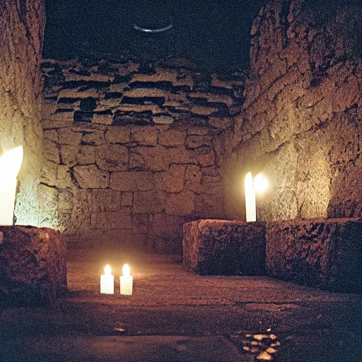 Prompt: film photography film photography, inside an Aztec temple, at night, lit with candles, Leica M6, cinestill 800, Noctilux 50mm