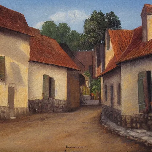 Image similar to painting of a rural French medieval village, by Aleksander Rostov