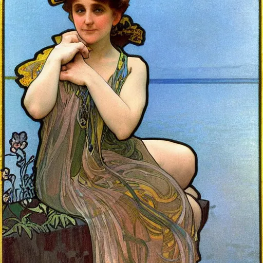 Image similar to A delicate painting of Lena Dunham sitting at a pond, by Alphonse Mucha, art nouveau, detailed, elegant