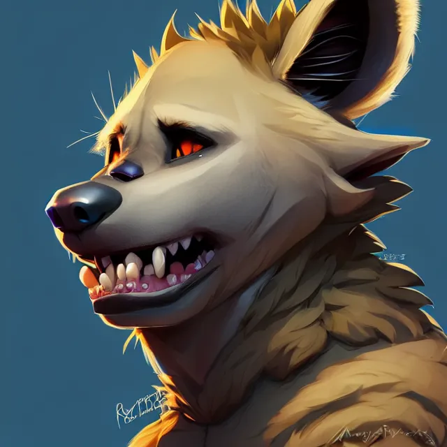 Image similar to character concept art of a male anthropomorphic furry hyena | | cute - fine - face, pretty face, key visual, realistic shaded perfect face, fine details by stanley artgerm lau, wlop, rossdraws, james jean, andrei riabovitchev, marc simonetti, and sakimichan, trending on artstation