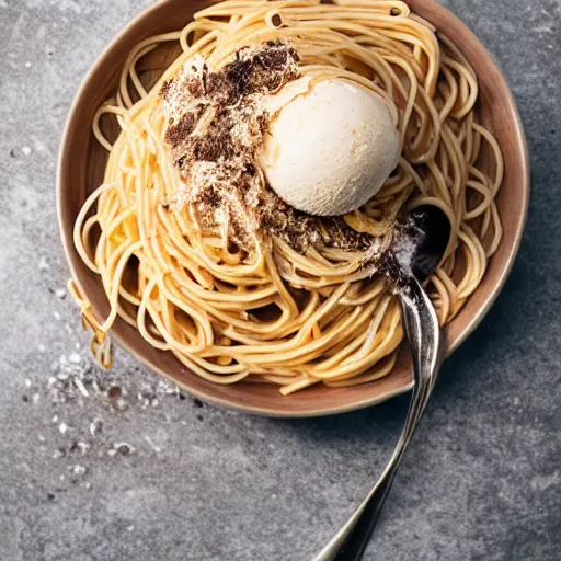 Prompt: spaghetti alle ice cream, food photography