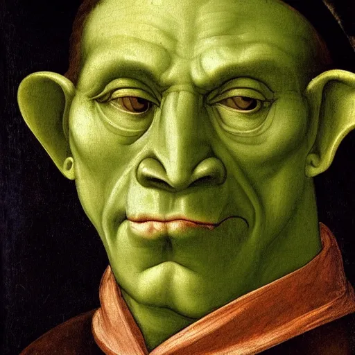 Image similar to detailed renaissance portrait painting of gentleman orc with green skin wearing brown expensive costume