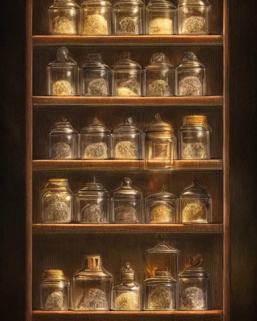 Image similar to a large wood display cabinet filled with lots of different items in magical glowing jars in different colors, a still life by seb mckinnon, artstation, neoplasticism, lovecraftian, artstation hq, award winning photography 4 k 8 k 1 6 k