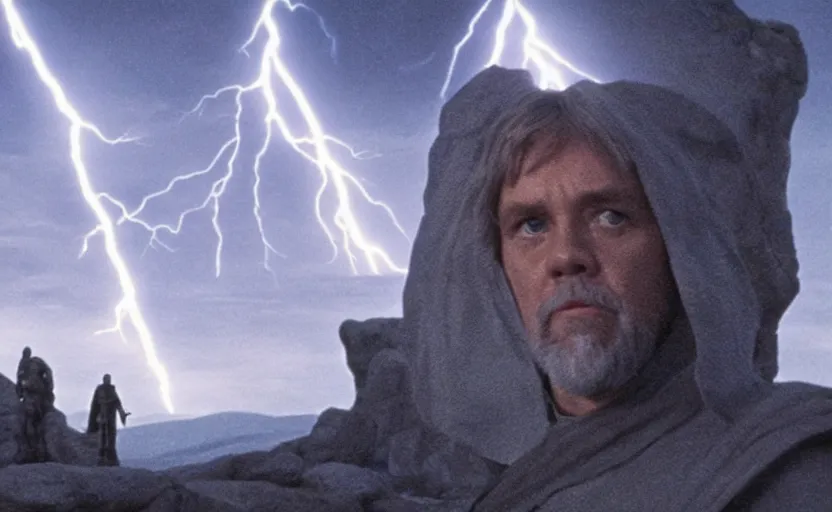 Image similar to screenshot portrait of Luke Skywalker in a lightning battlefield looking at the ghost of emporer palpatine, with scattered ruins of a fiery jedi rock temple, iconic scene from 1970s film by Stanley Kubrick, last jedi, 4k HD, cinematic lighting, beautiful portrait of Mark Hammill, moody scene, stunning cinematography, mcu effects, anamorphic lenses, kodak color film stock