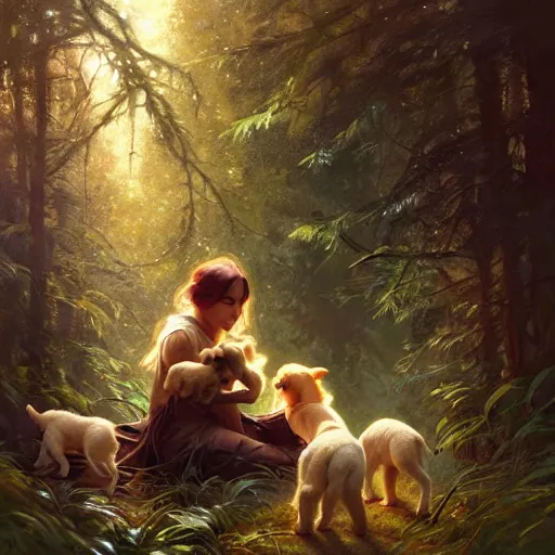 Image similar to photo of a humanoid hiena feeds puppies in the forest, highly detailed, digital painting, artstation, smooth, sharp focus, illustration, art by artgerm and greg rutkowski and alphonse mucha