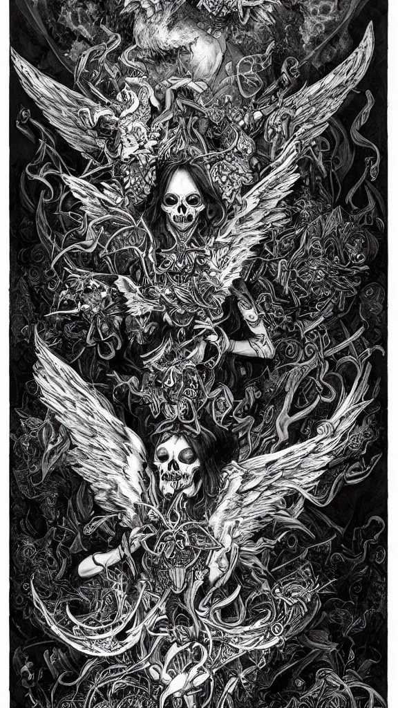 Prompt: dark aether, angel cannabis wings, skulls, dark THC atmosphere, detailed linework, black blue purple and white trychomes, cinematic, psychedelic, black hemp paper, ornate, symmetrical, tarot card, highly detailed, ink illustration, style of peter mohrbacher, golden ratio, 8k