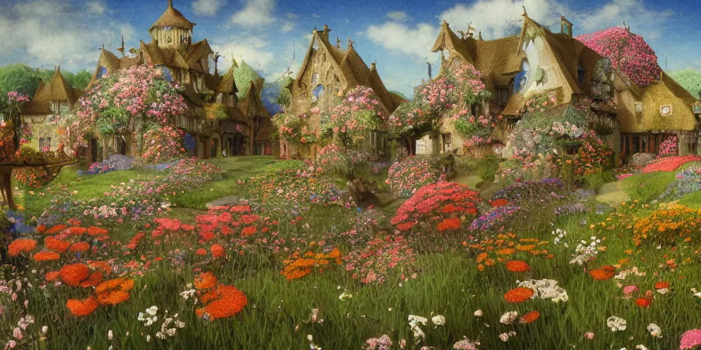 Prompt: a hiper intricate 3 d artwork of a beatifull house made from big flowers in the serene field, intricate, highly detailed, digital painting, artstation, concept art, extremely detailed, sharp focus, octane render wide view, smooth, digital illustration, colorfull, by edmund dulac, by hieronimus bosch