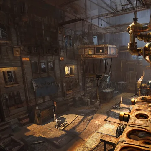 Prompt: steampunk game scene with girl main character post apocalypse unreal engine