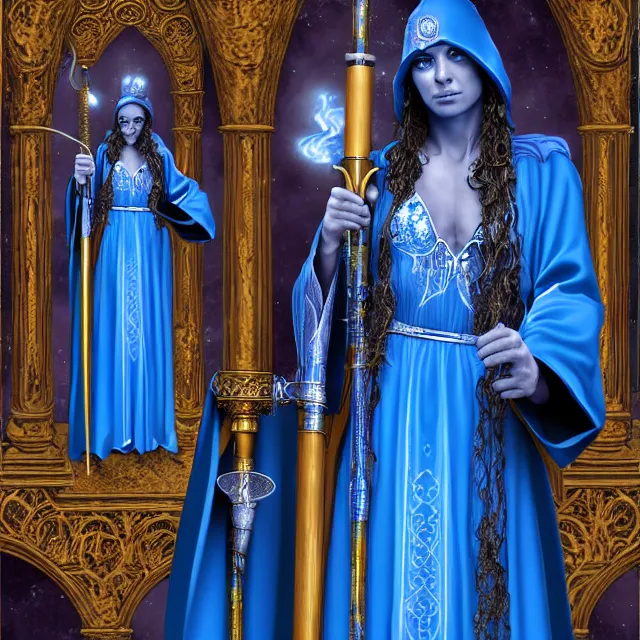 Image similar to elemental water witch in ornate blue robes and staff, highly detailed, 8 k, hdr, anne stokes