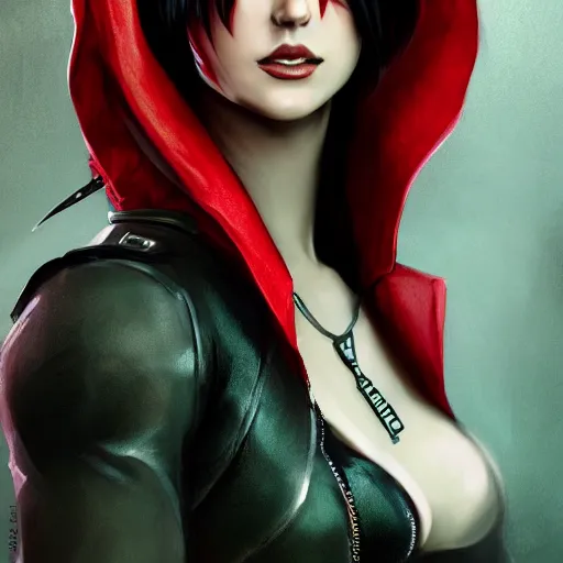 Prompt: portrait of an experienced young ranger with green eyes and short black hair wearing a red hood and a leather vest, artwork by Charlie Bowater, 8k resolution, trending on art station