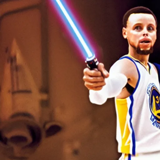 Prompt: A film still of Stephen curry in star wars holding a lightsaber