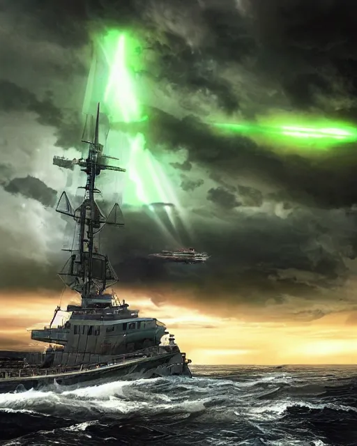 Image similar to a fishing boat on stormy seas, a gigantic star destroyer spaceship with glowing green lights flying overhead, ready to fire, the gigantic star destroyer spaceship is emerging from storm clouds, sunset lighting, stormy weather, dramatic lighting, unreal engine, hyper realism, realistic shading, cinematic composition, realistic render, octane render, detailed textures, photorealistic, ultrawide shot, 1 6 mm lens