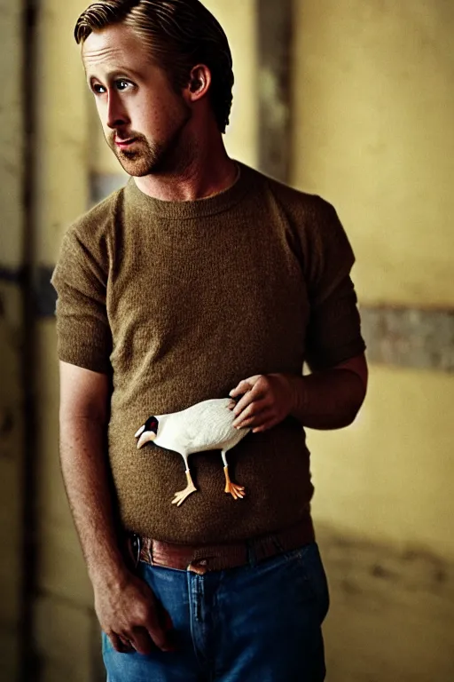 Image similar to ryan gosling fused with a goose, construction, natural light, bloom, detailed face, magazine, press, photo, steve mccurry, david lazar, canon, nikon, focus