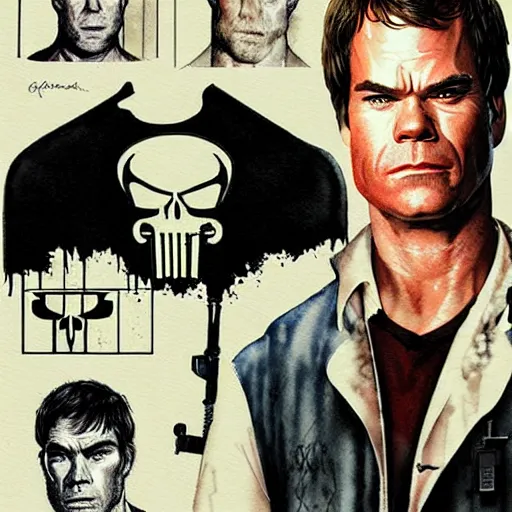 Prompt: dexter morgan is the punisher, detailed watercolor art, drew struzan illustration art, key art, portrait